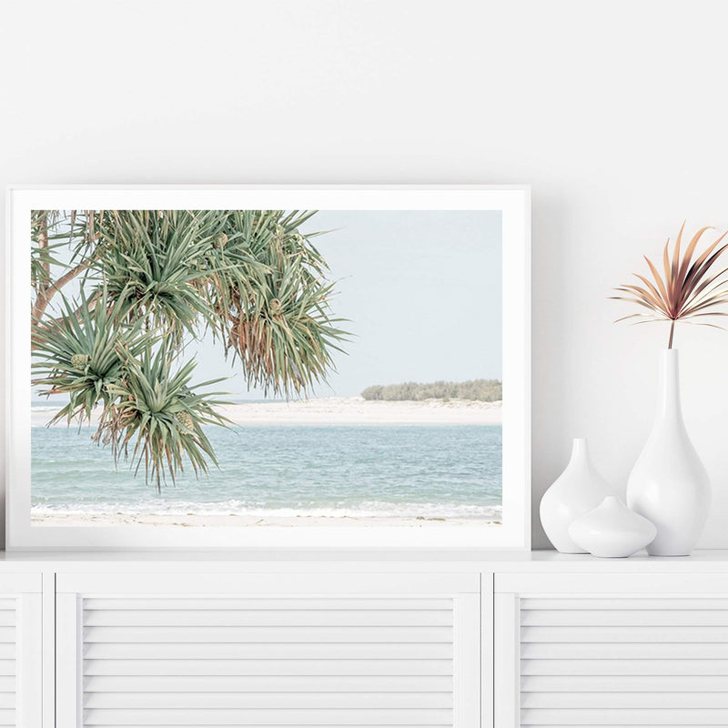 Pandanus By The Beach-The Paper Tree-australia,beach,blue,boho,botanical,coast,coastal,hamptons,landscape,muted tone,ocean,palm,palm tree,pandanus,pandanus tree,premium art print,wall art,Wall_Art,Wall_Art_Prints