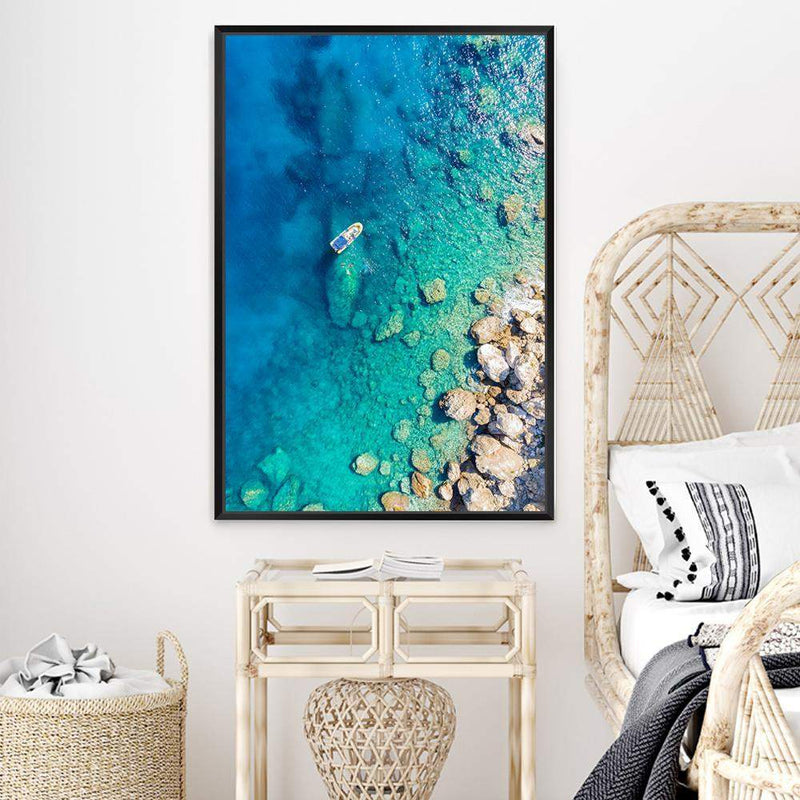 Blue Ocean Boat-The Paper Tree-Aegean,Aegean sea,Aerial,beach,Blue,Blue Ocean,Boat,coastal,Greece,hamptons,Ocean,portrait,premium art print,rocks,Teal,travel,wall art,Wall_Art,Wall_Art_Prints,Water