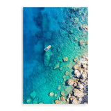 Blue Ocean Boat-The Paper Tree-Aegean,Aegean sea,Aerial,beach,Blue,Blue Ocean,Boat,coastal,Greece,hamptons,Ocean,portrait,premium art print,rocks,Teal,travel,wall art,Wall_Art,Wall_Art_Prints,Water