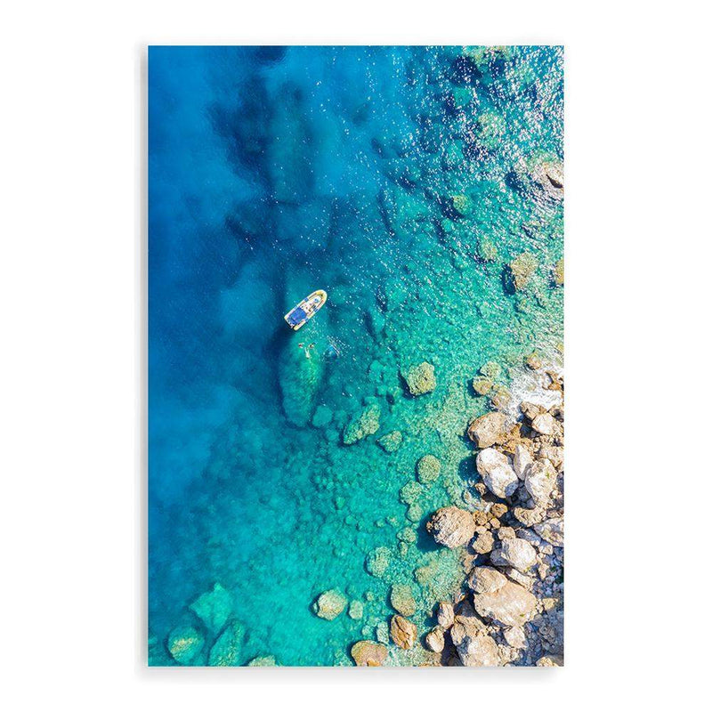 Blue Ocean Boat-The Paper Tree-Aegean,Aegean sea,Aerial,beach,Blue,Blue Ocean,Boat,coastal,Greece,hamptons,Ocean,portrait,premium art print,rocks,Teal,travel,wall art,Wall_Art,Wall_Art_Prints,Water