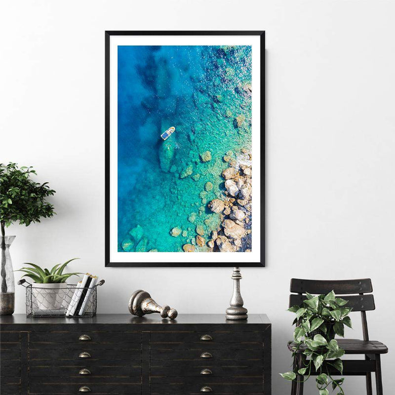 Blue Ocean Boat-The Paper Tree-Aegean,Aegean sea,Aerial,beach,Blue,Blue Ocean,Boat,coastal,Greece,hamptons,Ocean,portrait,premium art print,rocks,Teal,travel,wall art,Wall_Art,Wall_Art_Prints,Water