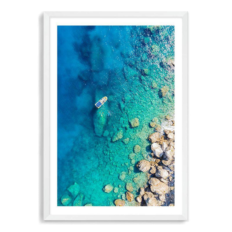 Blue Ocean Boat-The Paper Tree-Aegean,Aegean sea,Aerial,beach,Blue,Blue Ocean,Boat,coastal,Greece,hamptons,Ocean,portrait,premium art print,rocks,Teal,travel,wall art,Wall_Art,Wall_Art_Prints,Water