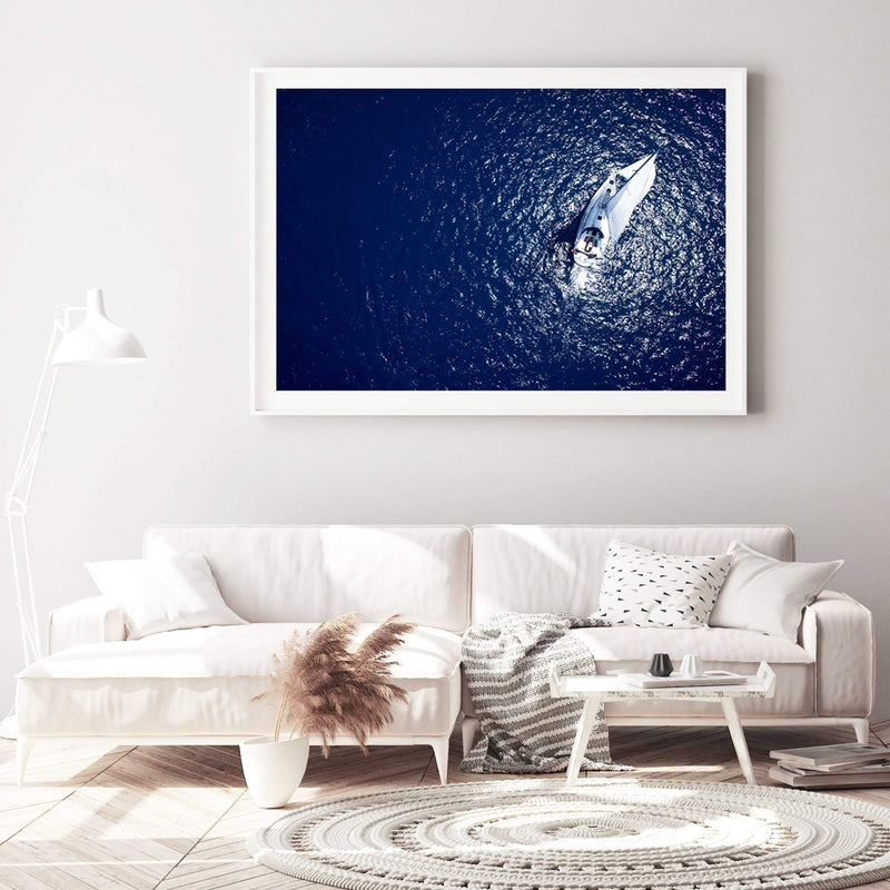 Sailing Boat On The Blue-The Paper Tree-blue,boat,coastal,hamptons,navy,ocean,premium art print,sailing,sailing boat,wall art,Wall_Art,Wall_Art_Prints,water