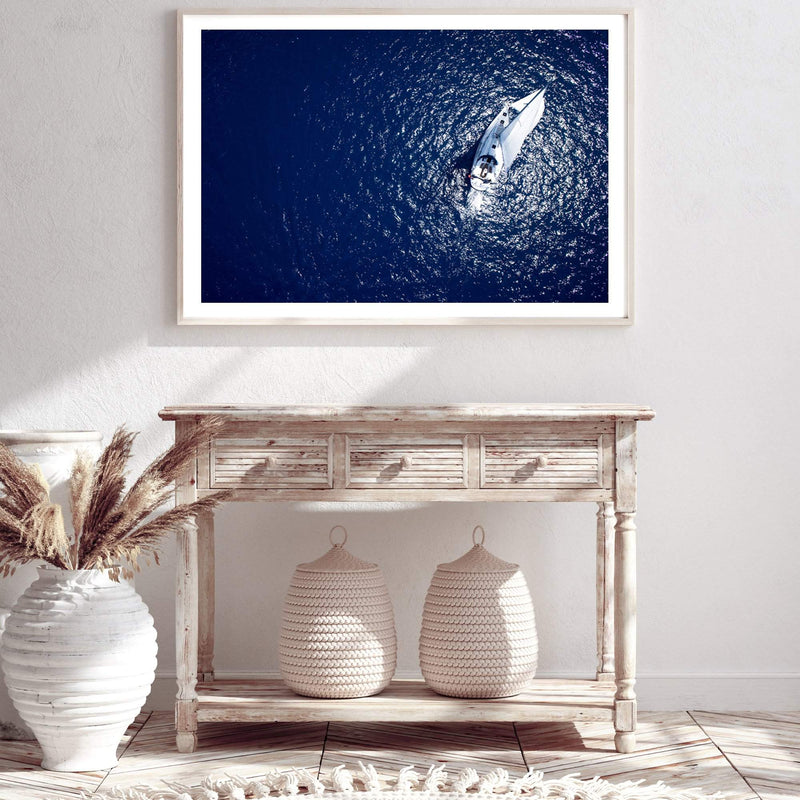 Sailing Boat On The Blue-The Paper Tree-blue,boat,coastal,hamptons,navy,ocean,premium art print,sailing,sailing boat,wall art,Wall_Art,Wall_Art_Prints,water