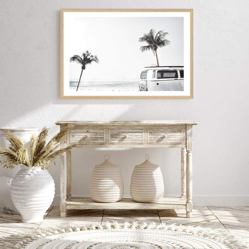 Kombi By The Beach-The Paper Tree-beach,blue,boho,car,coastal,coastal palm,combi,combi van,hamptons,kombi,kombi van,landscape,ocean,palm,palm tree,pastel,premium art print,sea,van,wall art,Wall_Art,Wall_Art_Prints