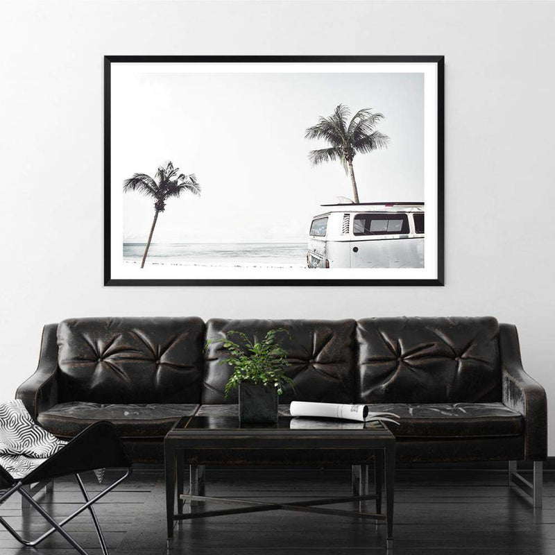 Kombi By The Beach-The Paper Tree-beach,blue,boho,car,coastal,coastal palm,combi,combi van,hamptons,kombi,kombi van,landscape,ocean,palm,palm tree,pastel,premium art print,sea,van,wall art,Wall_Art,Wall_Art_Prints