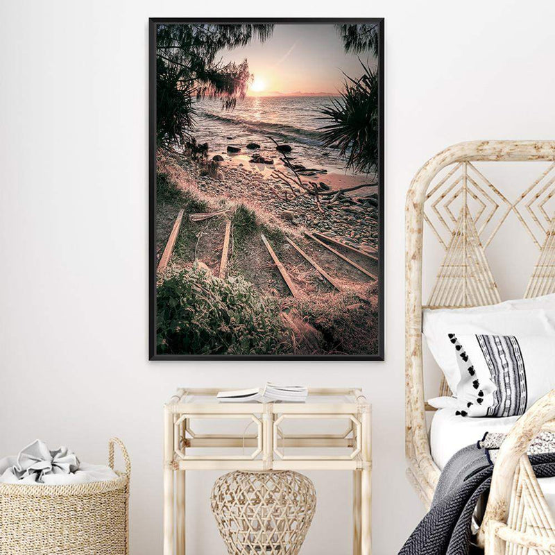 Sunset At Wategos-The Paper Tree-beach,beach stairs,byron bay,coastal,hamptons,nature,ocean,portrait,premium art print,rocks,sand,sea,stairs,steps,sunset,tan,view,wall art,Wall_Art,Wall_Art_Prints,wategos,wategos beach,water