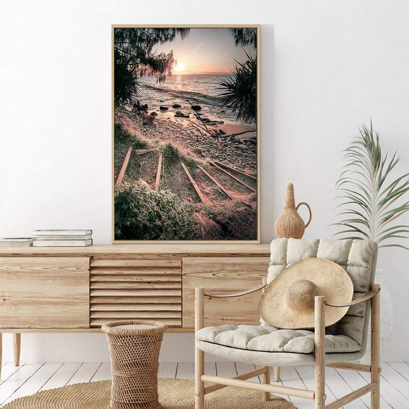 Sunset At Wategos-The Paper Tree-beach,beach stairs,byron bay,coastal,hamptons,nature,ocean,portrait,premium art print,rocks,sand,sea,stairs,steps,sunset,tan,view,wall art,Wall_Art,Wall_Art_Prints,wategos,wategos beach,water