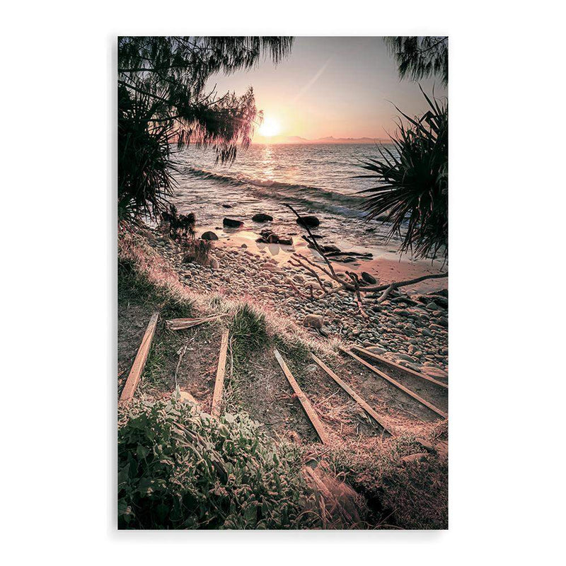 Sunset At Wategos-The Paper Tree-beach,beach stairs,byron bay,coastal,hamptons,nature,ocean,portrait,premium art print,rocks,sand,sea,stairs,steps,sunset,tan,view,wall art,Wall_Art,Wall_Art_Prints,wategos,wategos beach,water