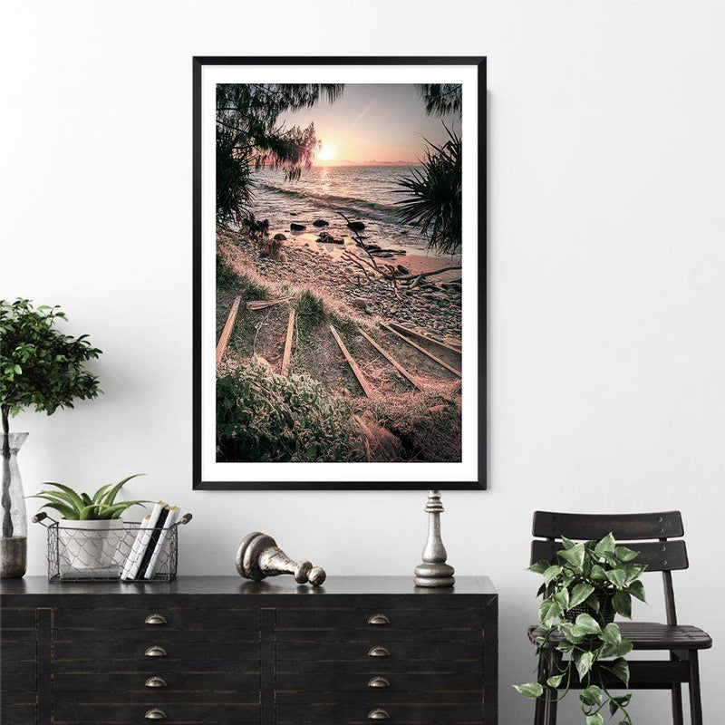 Sunset At Wategos-The Paper Tree-beach,beach stairs,byron bay,coastal,hamptons,nature,ocean,portrait,premium art print,rocks,sand,sea,stairs,steps,sunset,tan,view,wall art,Wall_Art,Wall_Art_Prints,wategos,wategos beach,water