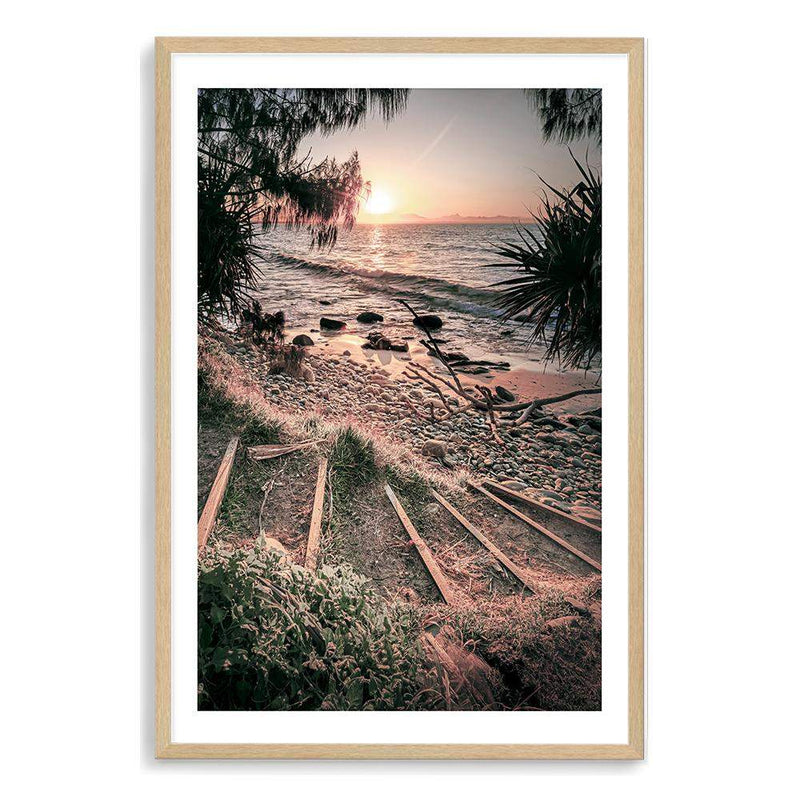 Sunset At Wategos-The Paper Tree-beach,beach stairs,byron bay,coastal,hamptons,nature,ocean,portrait,premium art print,rocks,sand,sea,stairs,steps,sunset,tan,view,wall art,Wall_Art,Wall_Art_Prints,wategos,wategos beach,water