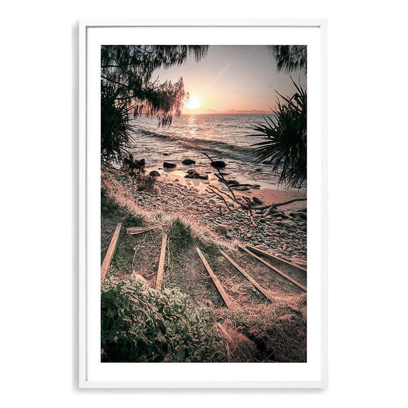 Sunset At Wategos-The Paper Tree-beach,beach stairs,byron bay,coastal,hamptons,nature,ocean,portrait,premium art print,rocks,sand,sea,stairs,steps,sunset,tan,view,wall art,Wall_Art,Wall_Art_Prints,wategos,wategos beach,water