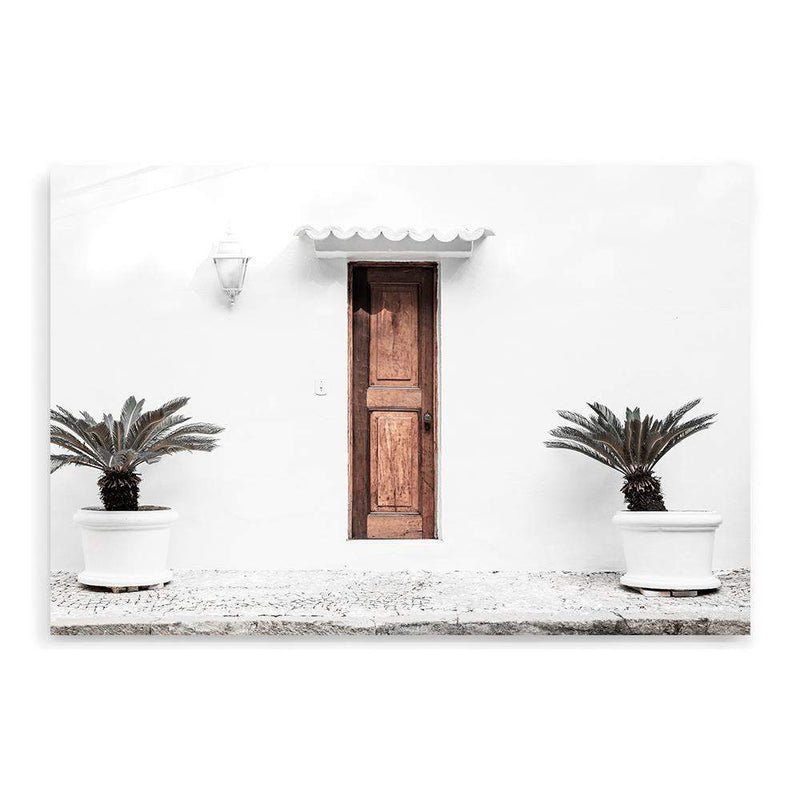 The Greek Villa-The Paper Tree-architecture,beautiful building,boho,building,door,facade,greece,greek,greek door,greek villa,landscape,mediteranian,neutral,palm,pots,premium art print,tan,villa,wall art,Wall_Art,Wall_Art_Prints,white