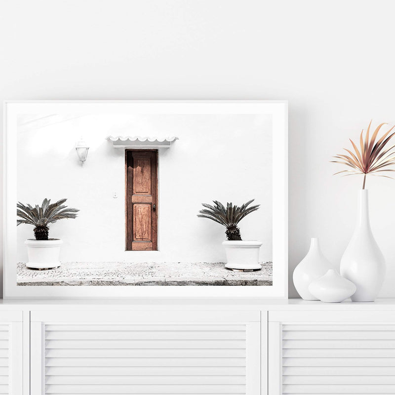 The Greek Villa-The Paper Tree-architecture,beautiful building,boho,building,door,facade,greece,greek,greek door,greek villa,landscape,mediteranian,neutral,palm,pots,premium art print,tan,villa,wall art,Wall_Art,Wall_Art_Prints,white