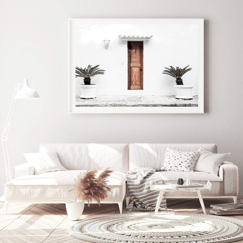 The Greek Villa-The Paper Tree-architecture,beautiful building,boho,building,door,facade,greece,greek,greek door,greek villa,landscape,mediteranian,neutral,palm,pots,premium art print,tan,villa,wall art,Wall_Art,Wall_Art_Prints,white