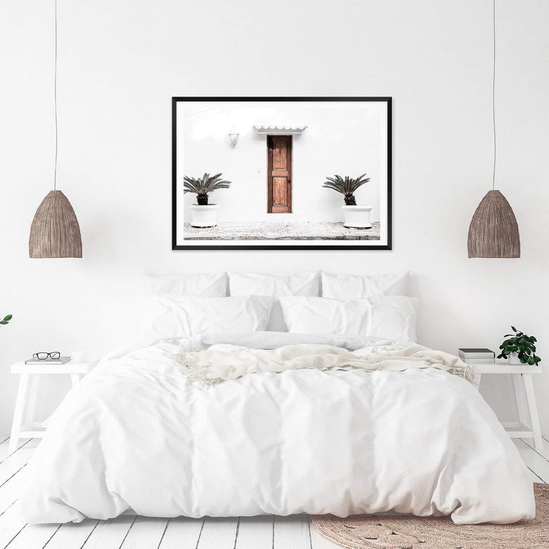 The Greek Villa-The Paper Tree-architecture,beautiful building,boho,building,door,facade,greece,greek,greek door,greek villa,landscape,mediteranian,neutral,palm,pots,premium art print,tan,villa,wall art,Wall_Art,Wall_Art_Prints,white