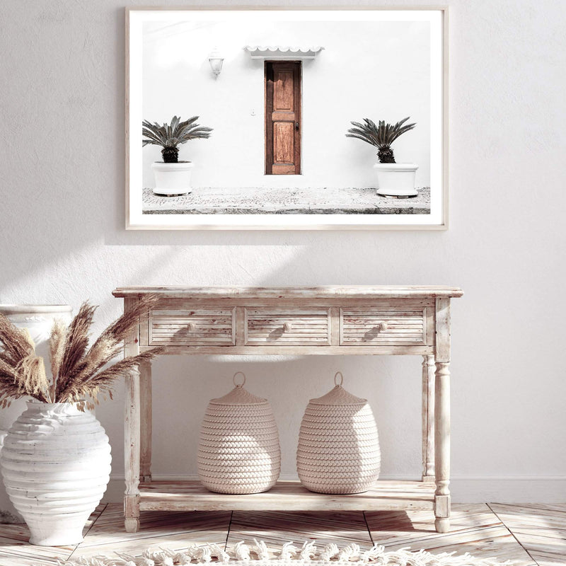 The Greek Villa-The Paper Tree-architecture,beautiful building,boho,building,door,facade,greece,greek,greek door,greek villa,landscape,mediteranian,neutral,palm,pots,premium art print,tan,villa,wall art,Wall_Art,Wall_Art_Prints,white