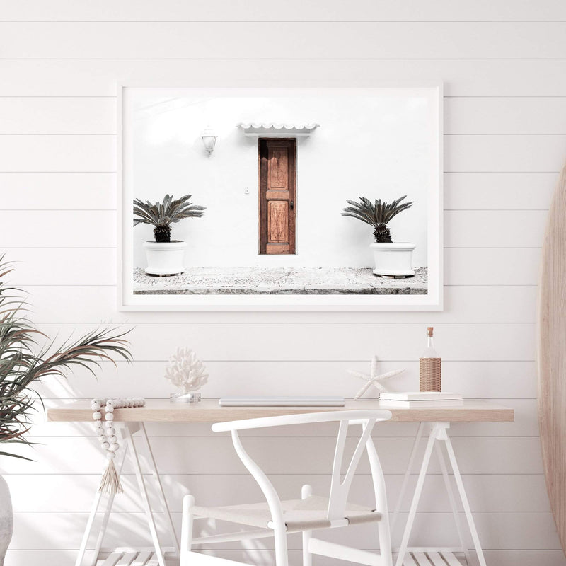 The Greek Villa-The Paper Tree-architecture,beautiful building,boho,building,door,facade,greece,greek,greek door,greek villa,landscape,mediteranian,neutral,palm,pots,premium art print,tan,villa,wall art,Wall_Art,Wall_Art_Prints,white