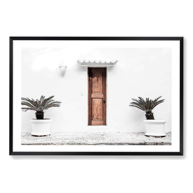 The Greek Villa-The Paper Tree-architecture,beautiful building,boho,building,door,facade,greece,greek,greek door,greek villa,landscape,mediteranian,neutral,palm,pots,premium art print,tan,villa,wall art,Wall_Art,Wall_Art_Prints,white