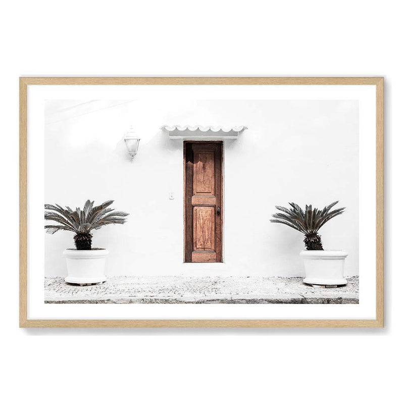 The Greek Villa-The Paper Tree-architecture,beautiful building,boho,building,door,facade,greece,greek,greek door,greek villa,landscape,mediteranian,neutral,palm,pots,premium art print,tan,villa,wall art,Wall_Art,Wall_Art_Prints,white