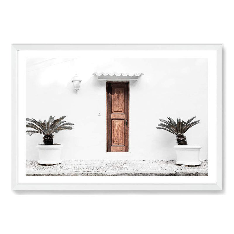 The Greek Villa-The Paper Tree-architecture,beautiful building,boho,building,door,facade,greece,greek,greek door,greek villa,landscape,mediteranian,neutral,palm,pots,premium art print,tan,villa,wall art,Wall_Art,Wall_Art_Prints,white