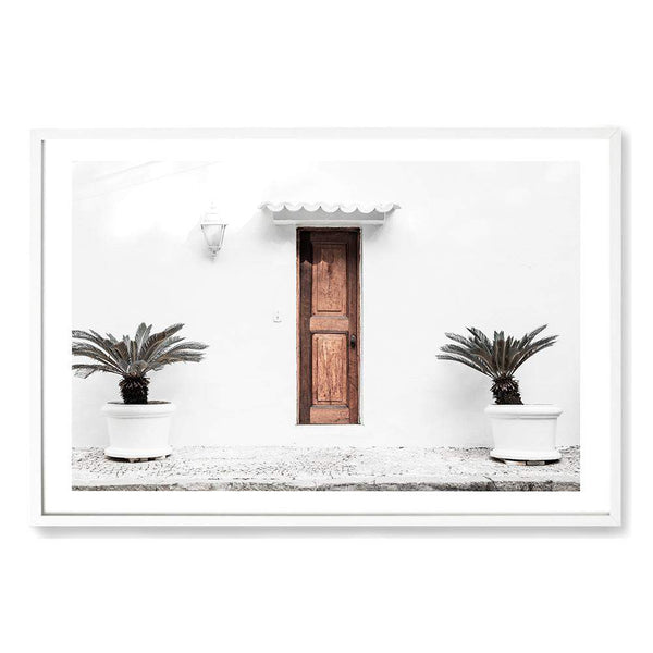 The Greek Villa-The Paper Tree-architecture,beautiful building,boho,building,door,facade,greece,greek,greek door,greek villa,landscape,mediteranian,neutral,palm,pots,premium art print,tan,villa,wall art,Wall_Art,Wall_Art_Prints,white