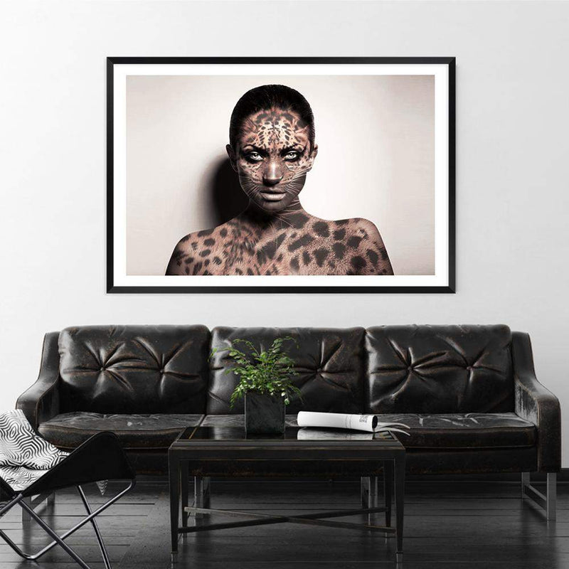 The Leopard Queen Canvas-The Paper Tree-animal print,beautiful woman,cat,feature art,feature female,female,landscape,leopard,leopard print,premium art print,tan,wall art,Wall_Art,Wall_Art_Prints,woman