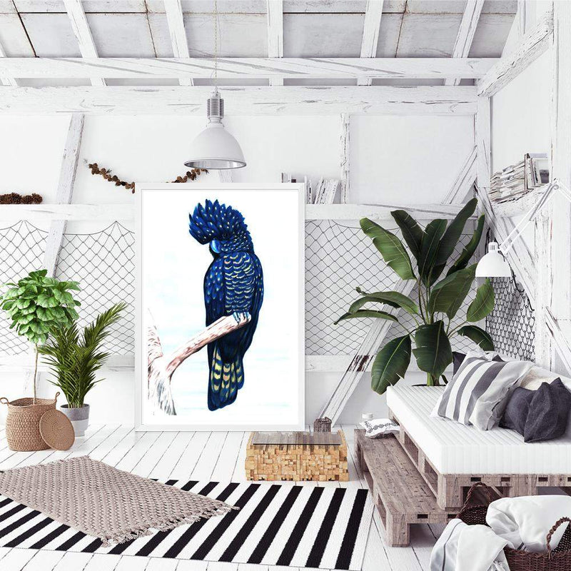 Black Cockatoo-The Paper Tree-animal,australian,australian native,bird,black,black cockatoo,blue,blue cockatoo,cockatoo,hamptons,painted,painted print,perch,portrait,premium art print,wall art,Wall_Art,Wall_Art_Prints