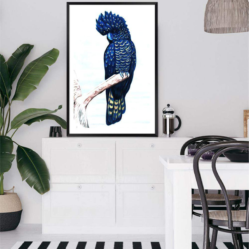 Black Cockatoo-The Paper Tree-animal,australian,australian native,bird,black,black cockatoo,blue,blue cockatoo,cockatoo,hamptons,painted,painted print,perch,portrait,premium art print,wall art,Wall_Art,Wall_Art_Prints