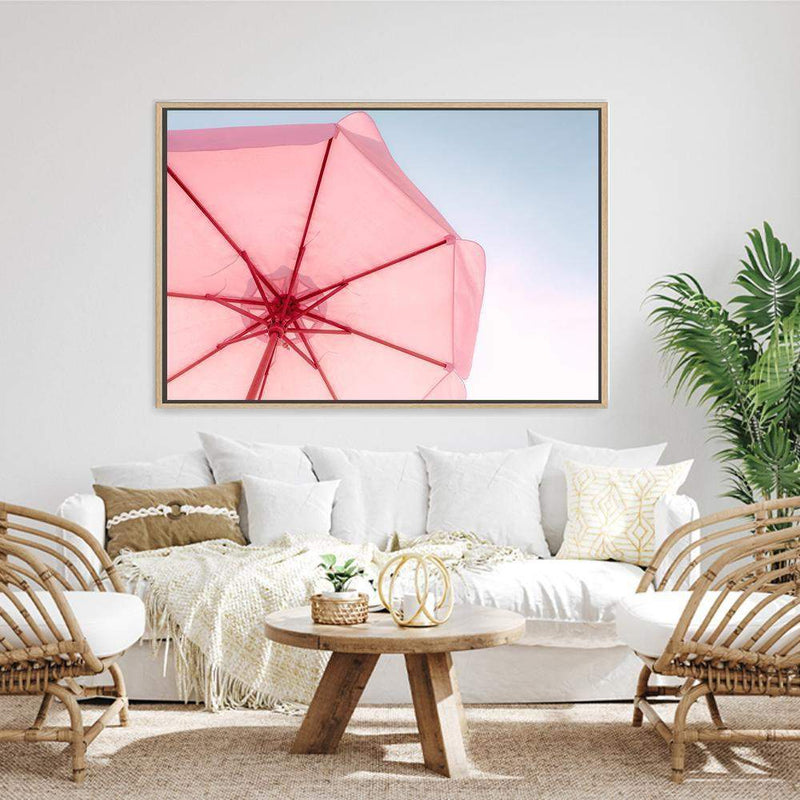 Pink Umbrella-The Paper Tree-beach,blue,coast,coastal,colourful,landscape,parasol,pink,pink umbrella,premium art print,teal,umbrella,vibrant,wall art,Wall_Art,Wall_Art_Prints