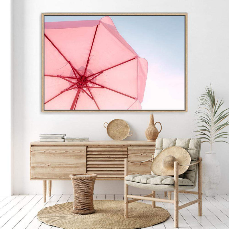 Pink Umbrella-The Paper Tree-beach,blue,coast,coastal,colourful,landscape,parasol,pink,pink umbrella,premium art print,teal,umbrella,vibrant,wall art,Wall_Art,Wall_Art_Prints