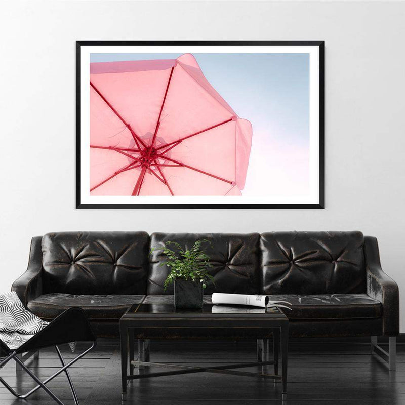 Pink Umbrella-The Paper Tree-beach,blue,coast,coastal,colourful,landscape,parasol,pink,pink umbrella,premium art print,teal,umbrella,vibrant,wall art,Wall_Art,Wall_Art_Prints