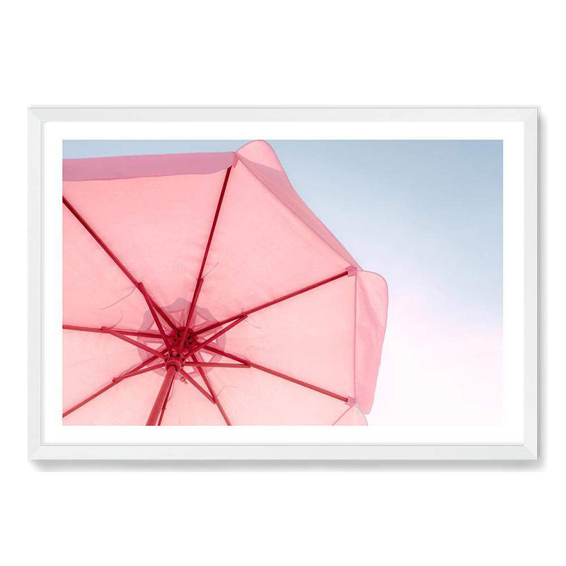 Pink Umbrella-The Paper Tree-beach,blue,coast,coastal,colourful,landscape,parasol,pink,pink umbrella,premium art print,teal,umbrella,vibrant,wall art,Wall_Art,Wall_Art_Prints