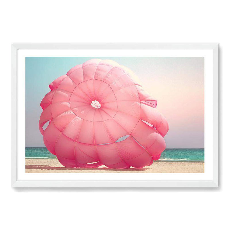 Pink Parachute-The Paper Tree-beach,coast,coastal,colourful,designer,hamptons,landscape,ocean,parachute,pink,premium art print,teal,vibrant,wall art,Wall_Art,Wall_Art_Prints