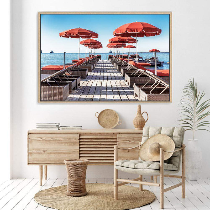 The Pier-The Paper Tree-amalfi,amalfi coast,bay,blue,ceck chairs,coast,coastal,deck,italy,landscape,ocean,orange,orange umbrella,parasol,premium art print,resort,sea,umbrella,wall art,Wall_Art,Wall_Art_Prints,water