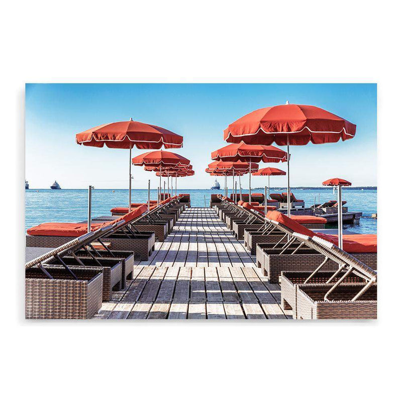 The Pier-The Paper Tree-amalfi,amalfi coast,bay,blue,ceck chairs,coast,coastal,deck,italy,landscape,ocean,orange,orange umbrella,parasol,premium art print,resort,sea,umbrella,wall art,Wall_Art,Wall_Art_Prints,water