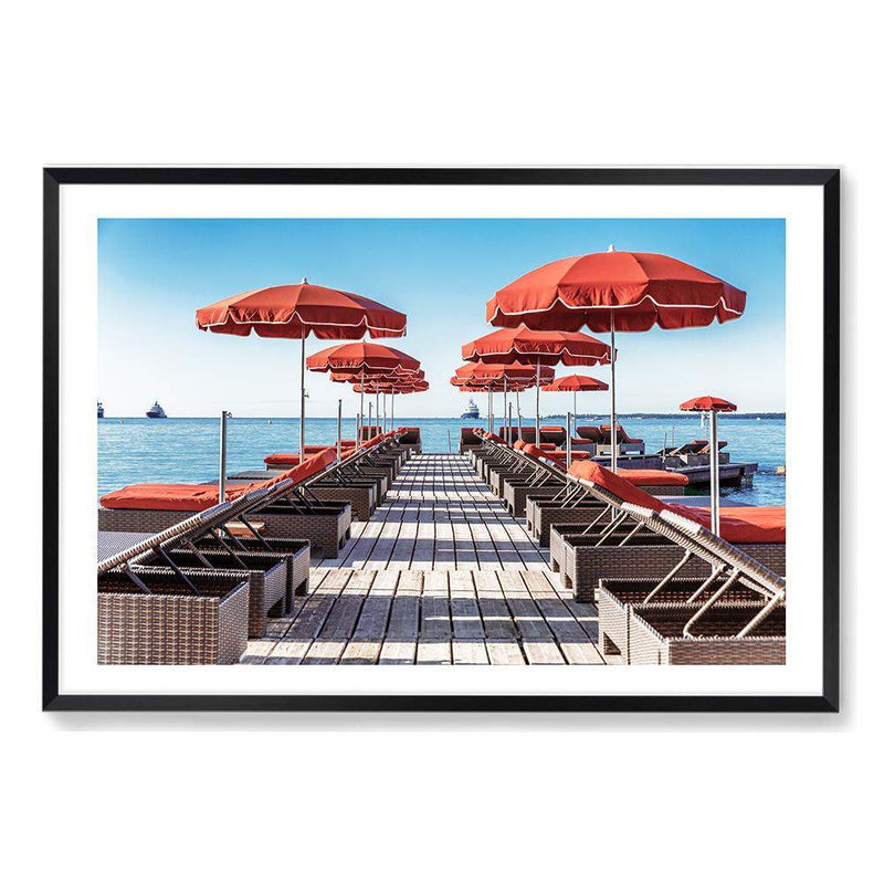 The Pier-The Paper Tree-amalfi,amalfi coast,bay,blue,ceck chairs,coast,coastal,deck,italy,landscape,ocean,orange,orange umbrella,parasol,premium art print,resort,sea,umbrella,wall art,Wall_Art,Wall_Art_Prints,water