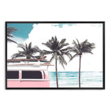 Pink Kombi By The Beach-The Paper Tree-beach,can,car,coast,coastal,combi,combi van,hamptons,kombi,kombie van,landscape,ocean,palm tree,palms,pink,premium art print,surf board,teal,van,wall art,Wall_Art,Wall_Art_Prints