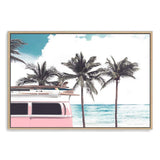 Pink Kombi By The Beach-The Paper Tree-beach,can,car,coast,coastal,combi,combi van,hamptons,kombi,kombie van,landscape,ocean,palm tree,palms,pink,premium art print,surf board,teal,van,wall art,Wall_Art,Wall_Art_Prints