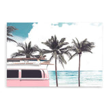 Pink Kombi By The Beach-The Paper Tree-beach,can,car,coast,coastal,combi,combi van,hamptons,kombi,kombie van,landscape,ocean,palm tree,palms,pink,premium art print,surf board,teal,van,wall art,Wall_Art,Wall_Art_Prints