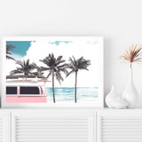 Pink Kombi By The Beach-The Paper Tree-beach,can,car,coast,coastal,combi,combi van,hamptons,kombi,kombie van,landscape,ocean,palm tree,palms,pink,premium art print,surf board,teal,van,wall art,Wall_Art,Wall_Art_Prints