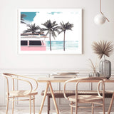 Pink Kombi By The Beach-The Paper Tree-beach,can,car,coast,coastal,combi,combi van,hamptons,kombi,kombie van,landscape,ocean,palm tree,palms,pink,premium art print,surf board,teal,van,wall art,Wall_Art,Wall_Art_Prints