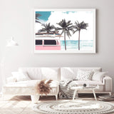 Pink Kombi By The Beach-The Paper Tree-beach,can,car,coast,coastal,combi,combi van,hamptons,kombi,kombie van,landscape,ocean,palm tree,palms,pink,premium art print,surf board,teal,van,wall art,Wall_Art,Wall_Art_Prints