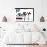 Pink Kombi By The Beach-The Paper Tree-beach,can,car,coast,coastal,combi,combi van,hamptons,kombi,kombie van,landscape,ocean,palm tree,palms,pink,premium art print,surf board,teal,van,wall art,Wall_Art,Wall_Art_Prints