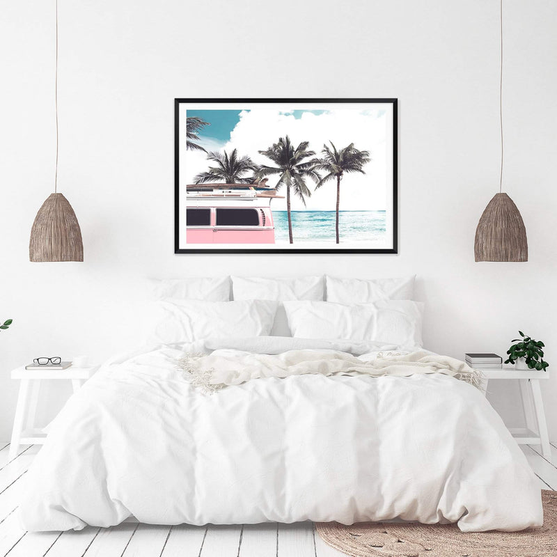 Pink Kombi By The Beach-The Paper Tree-beach,can,car,coast,coastal,combi,combi van,hamptons,kombi,kombie van,landscape,ocean,palm tree,palms,pink,premium art print,surf board,teal,van,wall art,Wall_Art,Wall_Art_Prints