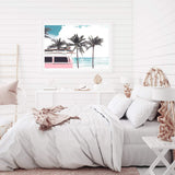 Pink Kombi By The Beach-The Paper Tree-beach,can,car,coast,coastal,combi,combi van,hamptons,kombi,kombie van,landscape,ocean,palm tree,palms,pink,premium art print,surf board,teal,van,wall art,Wall_Art,Wall_Art_Prints