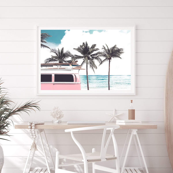 Pink Kombi By The Beach-The Paper Tree-beach,can,car,coast,coastal,combi,combi van,hamptons,kombi,kombie van,landscape,ocean,palm tree,palms,pink,premium art print,surf board,teal,van,wall art,Wall_Art,Wall_Art_Prints