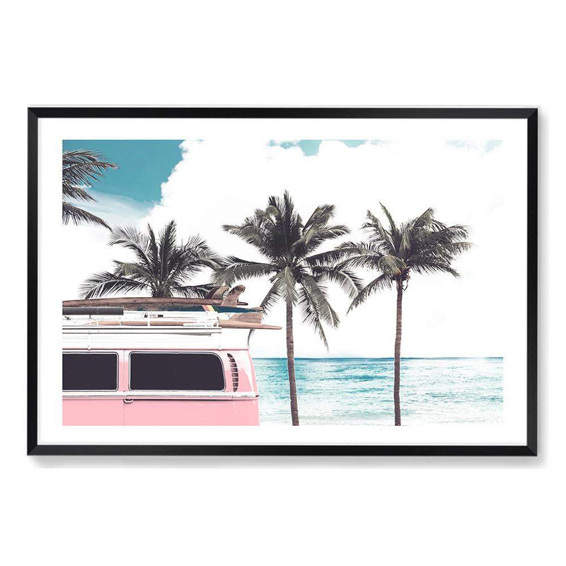 Pink Kombi By The Beach-The Paper Tree-beach,can,car,coast,coastal,combi,combi van,hamptons,kombi,kombie van,landscape,ocean,palm tree,palms,pink,premium art print,surf board,teal,van,wall art,Wall_Art,Wall_Art_Prints