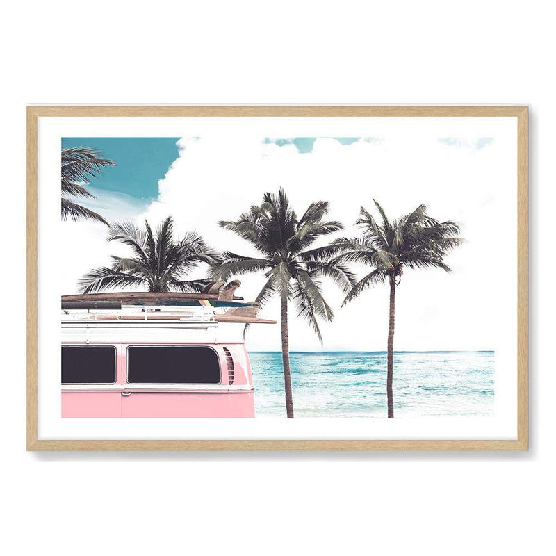 Pink Kombi By The Beach-The Paper Tree-beach,can,car,coast,coastal,combi,combi van,hamptons,kombi,kombie van,landscape,ocean,palm tree,palms,pink,premium art print,surf board,teal,van,wall art,Wall_Art,Wall_Art_Prints