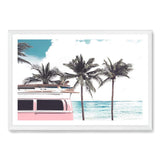 Pink Kombi By The Beach-The Paper Tree-beach,can,car,coast,coastal,combi,combi van,hamptons,kombi,kombie van,landscape,ocean,palm tree,palms,pink,premium art print,surf board,teal,van,wall art,Wall_Art,Wall_Art_Prints